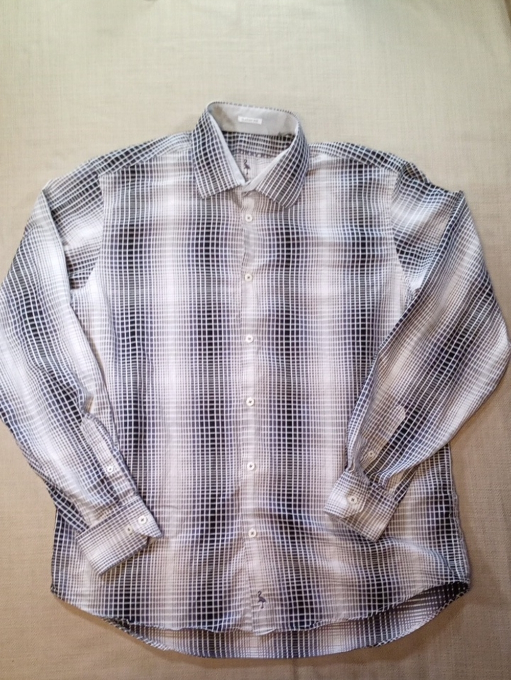Men's Size XL Tailorbyrd Black and White Grid Long-Sleeve Dress Shirt